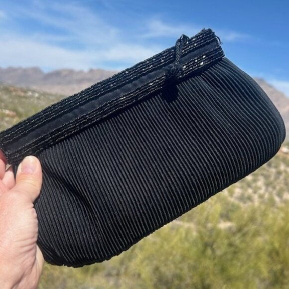 ADG Black Crepe Beaded Clutch PURSE - Picture 1 of 8